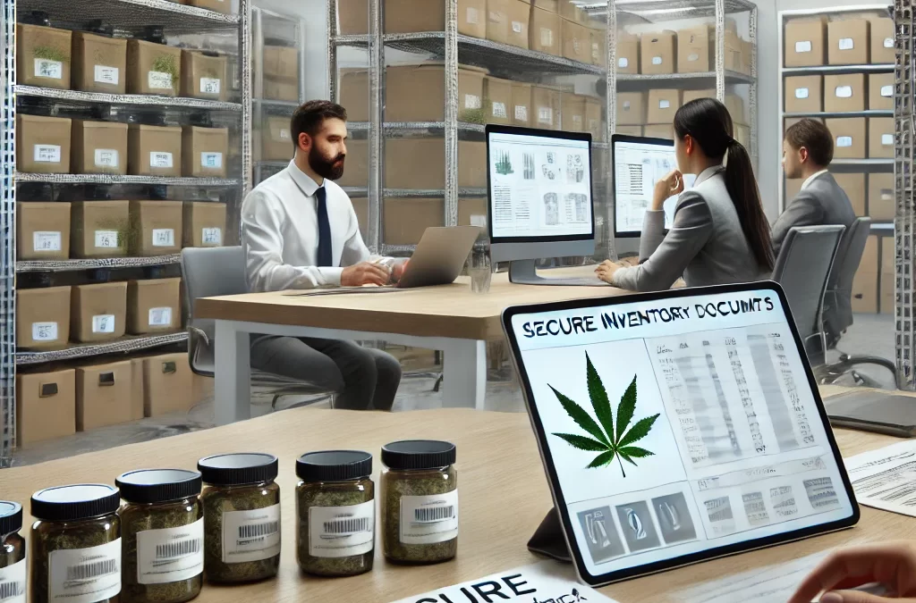 Cannabis Compliance in 2024 - Business setting with professionals managing compliance records and inventory tracking.