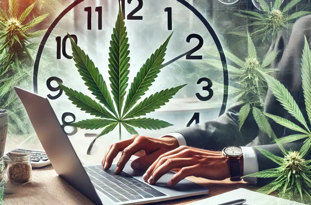 Time management in the cannabis industry with cannabis executive at a desk, clocks, and cannabis elements in modern office.