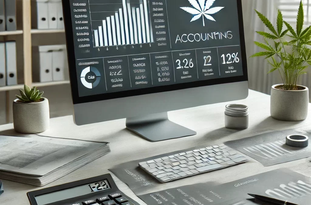 Cannabis accounting software displayed on a computer screen in a professional workspace with financial documents and charts.