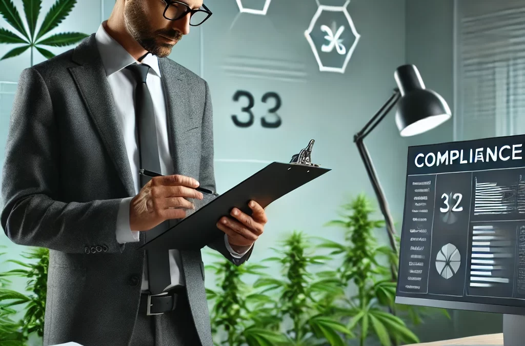 Cannabis Compliance Best Practices 2024 - compliance officer reviewing documents in a cannabis business setting.